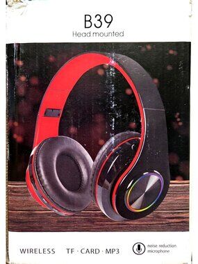 B39 Bluetooth Headset Wireless Hi-Fi Lights Over-Ear Headphones Red Black